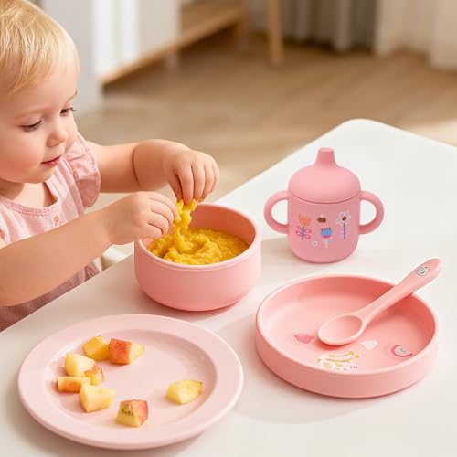 silicone baby feeding set, Baby Led Weaning Supplies，Cutlery Feeding Supplies, Baby Utensils Feeding Essentials for Starting Solids，5 Piece Set (pink) Pink