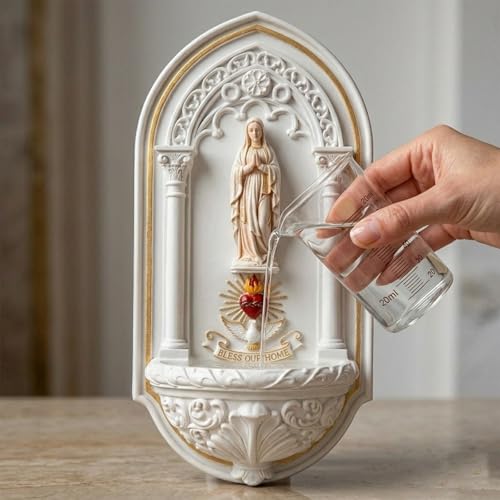 6.3” Holy Water Font - Washable Resin Holy Water Holder for Home Entrance, Handcrafted Wall Mounted Holy Water Table Font for Catholic Religious Gift