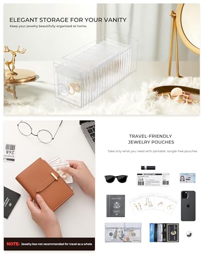 HOMEHIVE Clear Acrylic Jewelry Organizer Box with 20 Portable Pouches, Jewelry Storage Case for Women Girls, Tangle-Free, Anti-Tarnish, Compact Storage for Necklaces/Earrings/Rings, Upgraded Clear Upgraded Clear Jewelry Box