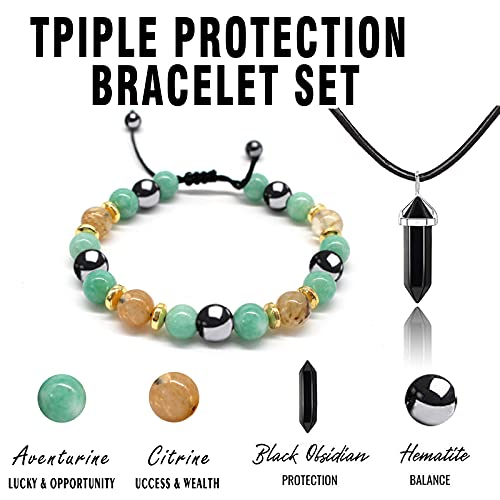 Hion Triple Protection Bracelet- For Maximum Lucky Money Wealth,Healing and Wealth Building，Energy Healing Bracelet Relief Hematite Bracelet Set for Men Women…