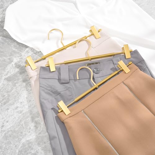 Amber Home 10 Pack Matte Gold Aluminum Pants Hangers, Metal Skirt Hangers