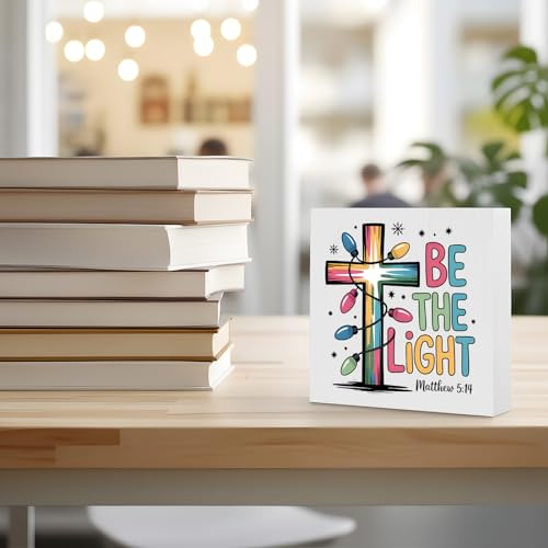 Inspirational Christian Sign Box Bible Verse Decor, Be The Light Matthew 5:14 Christmas Cross Wood Block Sign Decoration for Home Office Desk Table Shelf Wall