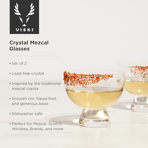 Viski Mezcal Glasses Set of 2 - Premium Crystal Clear Tequila Glass, Stemless Heavy Base Mezcal Cocktail Glasses, Liquor Glass Gift Set, 6 oz