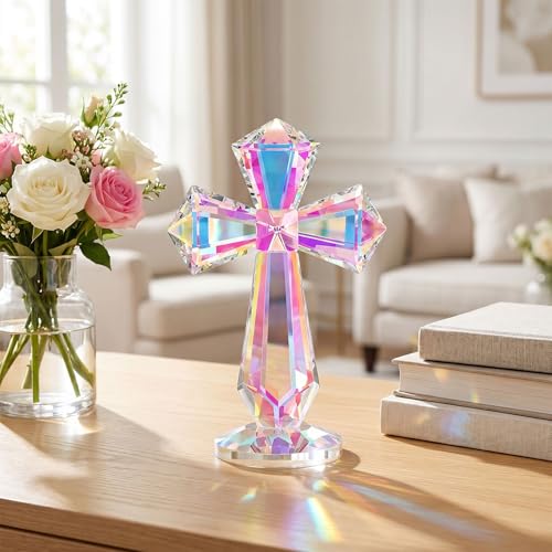 Crystal Cross Standing 6.1 Inch, Handmade Glass Cross Decor Christian Religious Gifts for Women Men Mother, Glass Collectible Figurines Baptism Confirmation Gifts Church Home Office Desk Decoration