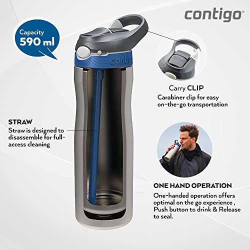Contigo Ashland Chill Autospout Water Bottle with Flip Straw, Stainless Steel Thermal Drinking Bottle,Leakproof,Grey, BLue, 590 ml Grey, B Lue