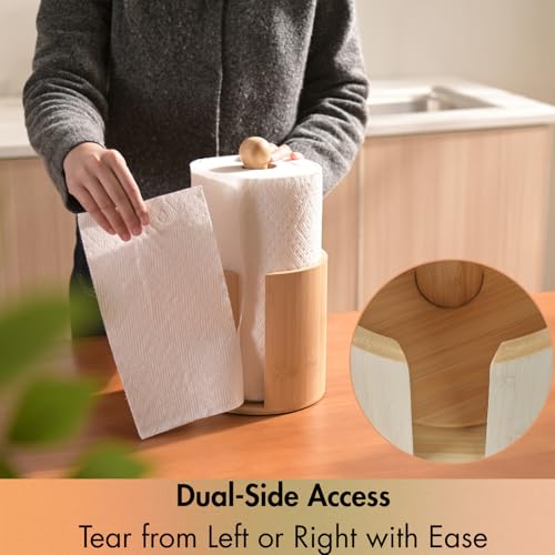 Gobam Bamboo Paper Towel Holder Countertop, Stable Wooden Kitchen Roll Holder with Smooth-Pull Sheet & Anti-Slip Pads, Fits Rolls up to Ø6.3, Wood Standing Towel Dispenser for Farmhouse Home Decor