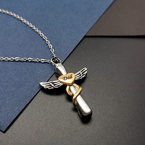 YSAHan Cross Angel Wings Urn Necklace for Ashes Dad Cremation Jewelry Memorial Ash Holder Pendant