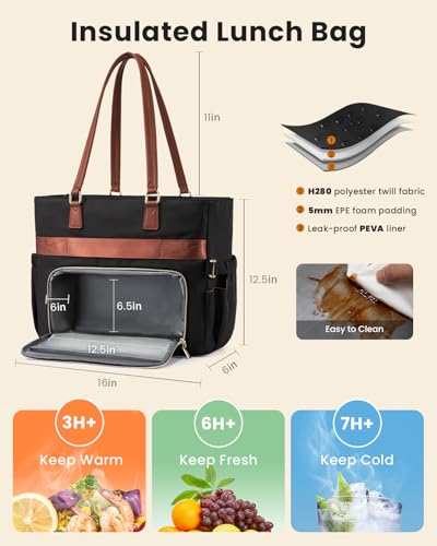 LOVEVOOK Lunch Tote Bag for Women, Work bag with Insulated Lunch Compartment, 15.6 Inch Laptop bag with Cup Holder Large Lunch Bag Purse for Teacher, Nurse, Office, Travel, College, Daily Black-brown-Beige 17.3 inch
