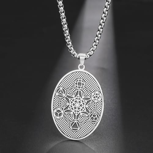 VASSAGO Metatron Cube Necklace Stainless Steel Archangel Metatron Pendant Necklace Geometric Saint Amulet Medal Religion Jewelry silver