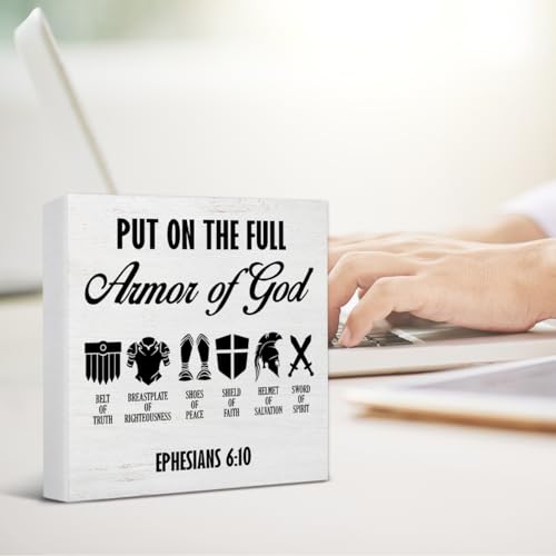 Put on the Full Armor of God Sign Christian Desk Decor Farmhouse Ephesians 6:10 Christian Wooden Sign Decorations for Home Office Desk Shelf Table 5 x 5 Inches, Religious Gifts for Women Men