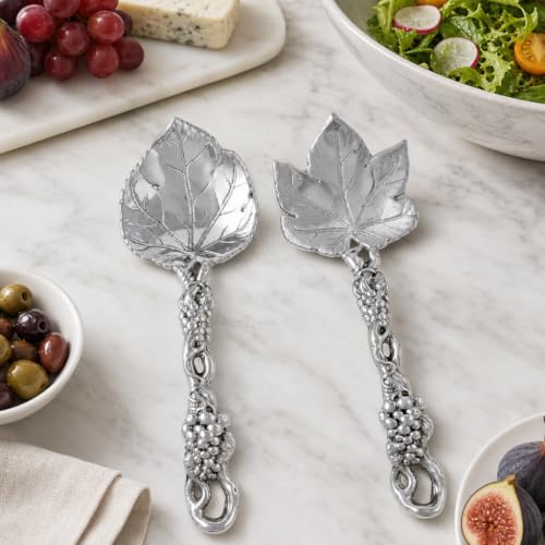 Arthur Court Grapevine salad serving set with 11-inch aluminum fork and spoon, elegant flatware for entertaining and serving salads.