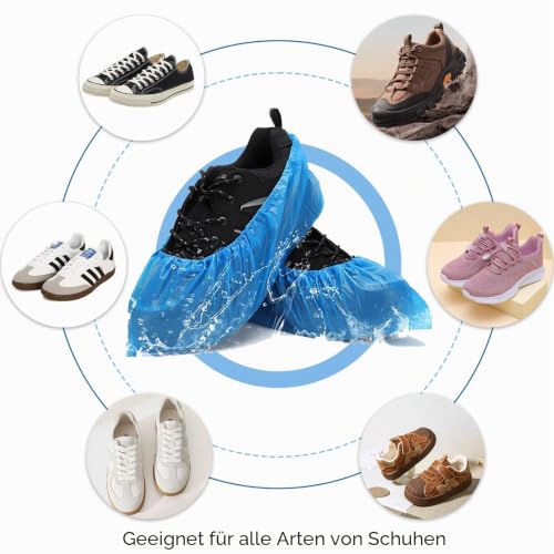 Pack of 100 Disposable Shoe Covers Waterproof & Non-Slip - Robust CPE Overshoes for Household, Cleaning, Laboratory, Guests, Construction Site, Indoor - Universal Size Blue