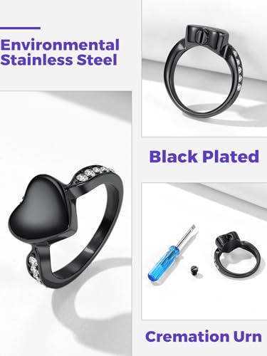 Richsteel Stainless Steel Heart/Claddagh Cremation Urn Ring for Ashes 03-Black-Heart 7