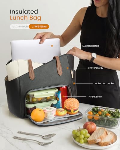 LOVEVOOK Lunch Bag for Women,2 in 1 PU Work Tote Bag with Lunch Compartment with Giant Tumbler Side Pocket, 15.6" Laptop Tote Bag with Padded Sleeve for Teacher,Nurse,College Black/Pinkish white/Dark amber 15.6 Inch