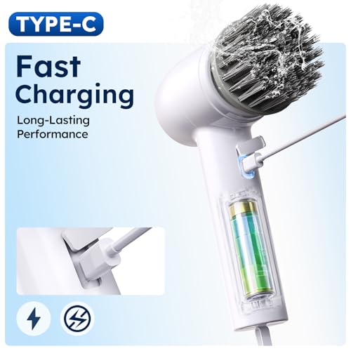 Electric Spin Scrubber Cordless, 5 In 1 Waterproof Cordless Electric Cleaning Brush with LED Display, Floor Scrubber with 2 Speeds 5 Brush Heads for Bathroom Tub Wall Kitchen Tile Car(White) White