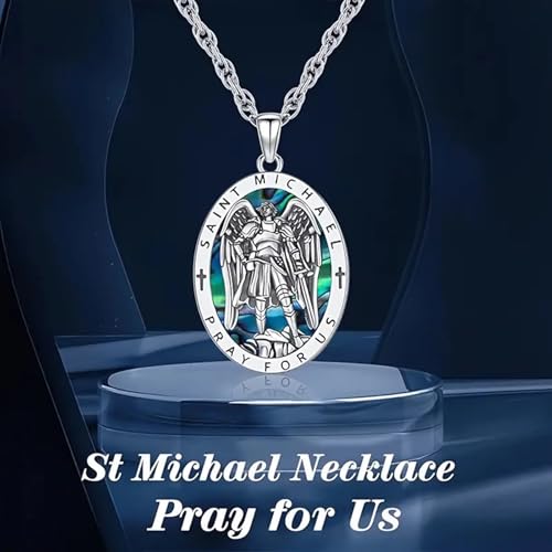 Saint Michael Necklace - St. Michael Archangel Pendant with Prayer Inscription, Stainless Steel Religious Jewelry for Men and Women, Protective Amulet with Abalone Shell Inlay