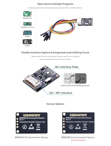BME688 Environmental Sensor Module, AI-Enhanced, Monitors Temperature, Humidity, Pressure & Gas, I2C/SPI, 3.3V/5V Compatible for Raspberry Pi, Arduino, ESP32, IoT & Air Quality Projects