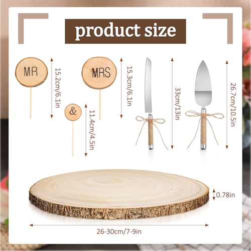 Beeveer 6 Pcs Cake Topper Knife Server Wooden Slice Set Rustic Wedding Decorations Mr and Mrs Cake Topper Table Decor for Bride Groom Valentines Day Glasses Anniversaries Centerpieces