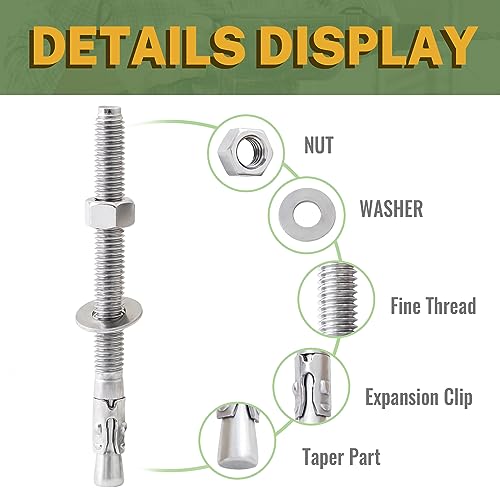 LIONMAX stainless steel 3/8 x 5 inch concrete wedge anchors, 20-piece pack
