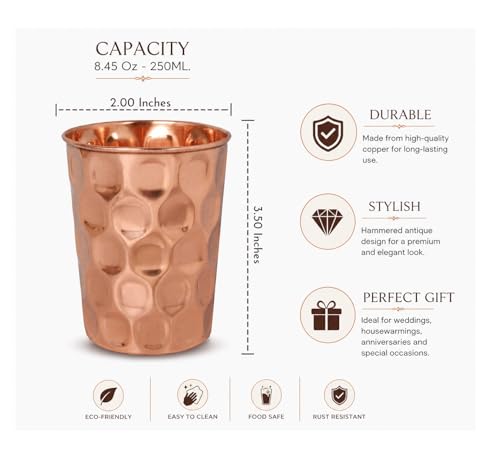 100% Pure Copper Glasses, Set of 2, 9 oz each, Hammered Glass - Mirror Pattern (Pack of 2) 9 Ounces