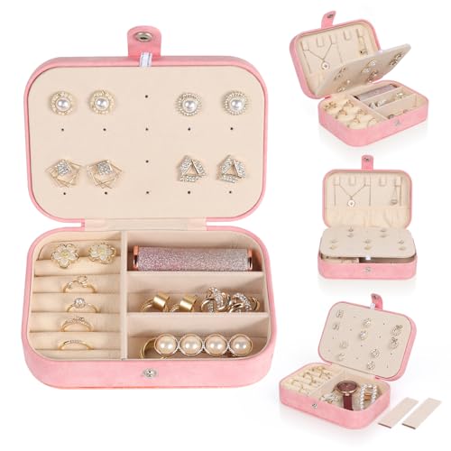 Hatori Travel Jewelry Box, PU Leather Small Jewelry Organizer for Women Girls, Double Layer Portable Mini Travel Case Display Storage Holder Boxes for Stud Earrings, Rings (Pink Beige) Pink Beige