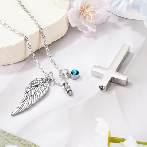 Dletay Cross Urn Necklace for Ashes with 12 Birthstones Cremation Jewelry for Ashes for Women Memorial Ash Keepsake Urn Pendant Silver