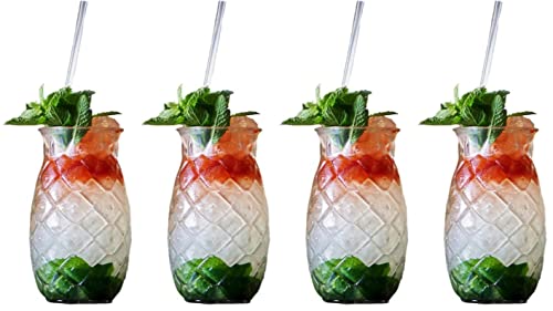 Tiki Drink Glasses 17 Ounces Pineapple Glasses for Cocktails, 4 Pieces, Clear, Tropical Style Novelty Glasses, Hawaii Bar Style, Modern Bar Party Set With Picks (Pineapple 17 oz)