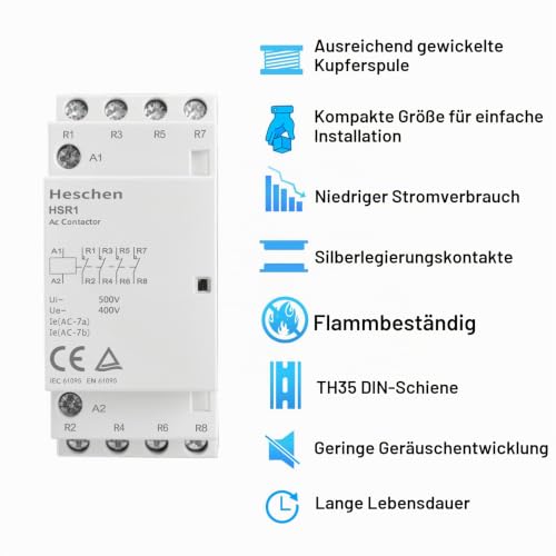 Heschen Household AC Contactor, HSR1-25, 4 Pin 4 Normally Closed, AC 220V/230V Coil Voltage, 35mm DIN Rail Bracket 230VAC 4NC 1