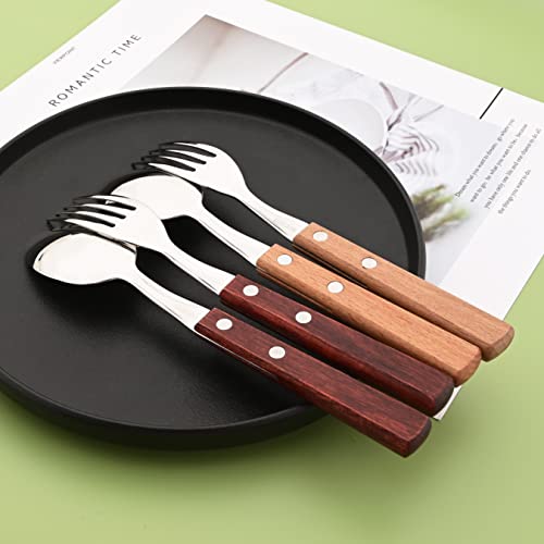 Wooden Handle Flatware Set, Knives Forks Spoons Set for 6, 24-Piece 304 Stainless Steel Kitchen Utensils Set, Silverware Set with Wood handles, Red Wood with Rivet & Retro Style Cutlery 24-Piece Service for 6