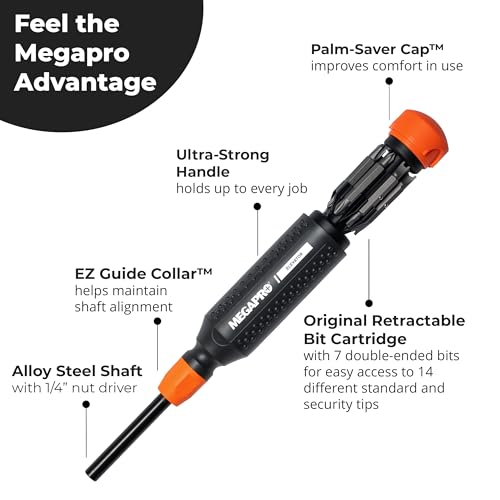 Megapro elevator multi-bit screwdriver with ¼-inch hex shaft and Phillips, flat, spanner, and Torx pin bits