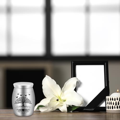 6 Set Small Urns for Ashes Cremation Urns 1.57 Inch Silver Ashes Keepsake Funeral Urn with Memorial Cards and Velvet Bag for Human Pet Ash (Tree of Life) 6 Set Tree of Life mini