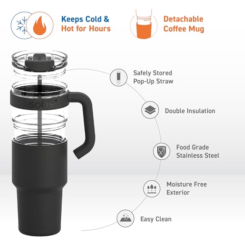 asobu Extra Large Travel Explorer Tumbler for Hot and Cold with Stainless Steel Removable Coffee Mug Sleeve - Straw and Flip Open Sip Spout, 34 oz / 25 oz (Black) Black