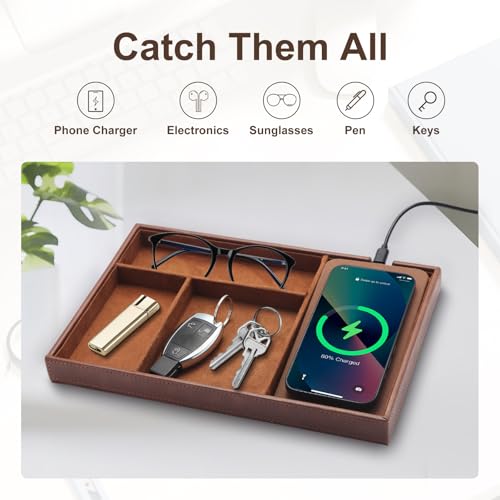 Brown all-in-one valet tray with wireless charging, jewelry organizer and nightstand storage by TopMade, featuring a sleek, classic design.