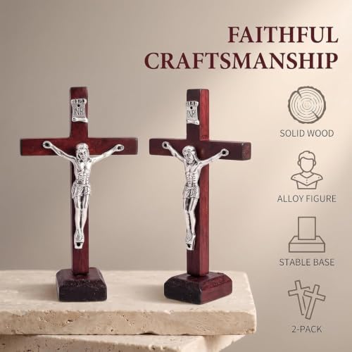 ydzqdxzz 2Pcs Wall and Table Wood Cross Crucifix, Crucifix Wall Cross Wooden Catholic Cross With Stand Religious Christian Standing Church Home Ornaments For Prayers