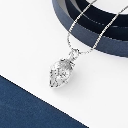Cremation Memorial Jewellery 3D Anatomical Heart Urn Necklaces for Ashes for Men Women Stainless Steel Memory Keepsakes Urn Ash Pendant Silver