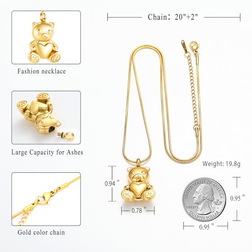 Cremation Jewelry - Teddy Bear Urn Necklace for Men Women with Mini Keepsake Urn Memorial Ash Jewelry Gold