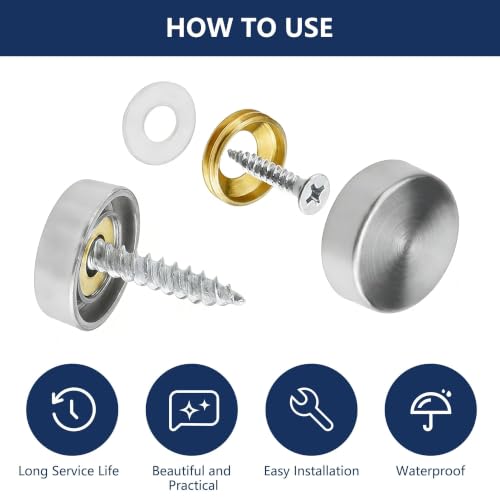 24 Pcs 5/8 Inch (16mm) Stainless Steel Screw Cover Caps with Screws & Rubber Pads – Decorative Mirror Hardware for Bathroom, Kitchen, Furniture 16mm