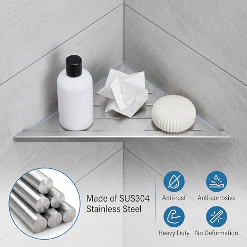 2 Pack Corner Shower Shelf 10 Inch 304 Stainless Steel Shower Corner Shelf for Inside Showers Slot Design Recessed Shelves Bathroom No Drill Tiled Wall Silver