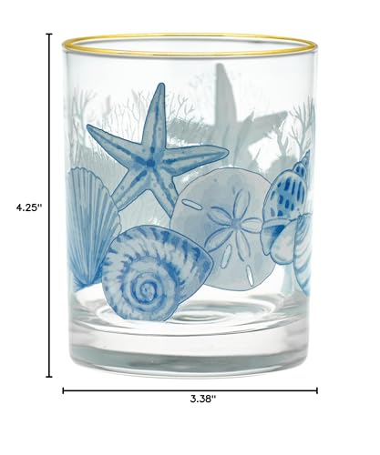 Culver 22k Gold Rim Blue Coastal Beach Shells DOF Double Old-Fashioned Glasses, 13.5-Ounce, Gift Boxed Set of 2