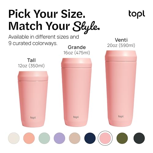 TOPL To Go Coffee Cup – Insulated Travel Coffee Mug with 360° Leak‑Safe Lid, Stainless Steel Coffee Tumbler for Hot/Cold, Spill‑Resistant, BPA‑Free - Rose, 20 oz