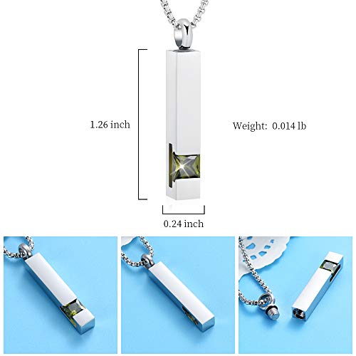 Oinsi Urn Necklaces for Ashes Crystal Cremation Urn Jewelry Birthstone Cube Urns for Human Ashes Memorial Ashes Necklace Pendant Keepsake CZ Bar Urn Locket for Men Women Sliver (Olive Green Stone)