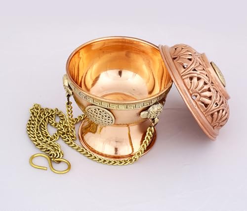 Indian Consigners Copper Altar Incense Charcoal Burner with Chain, Flower of Life Design, Hanging Incense Holder for Home, Altar & Spiritual Décor