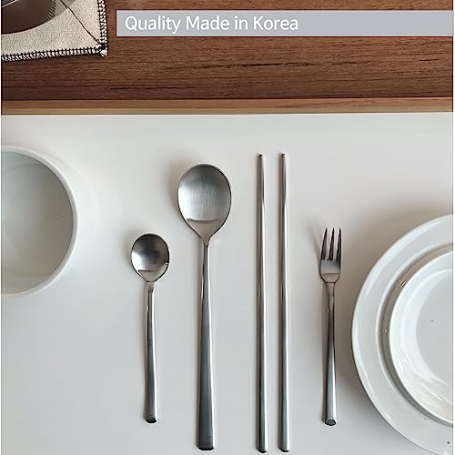 Korean Made Stainless Steel Silver Utensil Flatware Cutlery Korean Chopsticks and Spoon Set Tea Spoon and Tea Fork Set, 4SET Stocking Stuffer Gift for Mom Stocking Stuffer