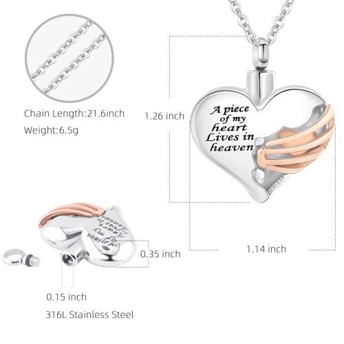 Heart Cremation Urn Necklace Pendant for Human Ashes Memorial Keepsakes Cremation Jewelry Loved One Memorial Jewelry - A piece of my heart Lives in heaven Silver-Rose Gold