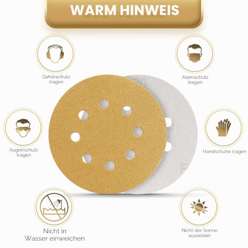 Pack of 120 Sandpaper 125 mm 40-800 Grit | Round sanding discs set for random orbital sanders for sanding wood, metal and paint coatings Mix grit 5 inch yellow 8 holes