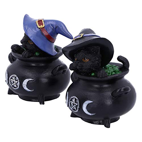 Nemesis Now Hubble and Bubble Witches Familiar Black Cat and Cauldron Figurines, 8cm