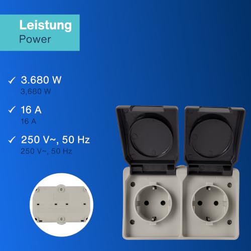 REV AquaBase Wet Room Socket 2-Way Grey | Splash-proof IP54, surface-mounted installation, two-pole up to 2.5 mm², 230 V, 16 A 1 x socket (2-way)