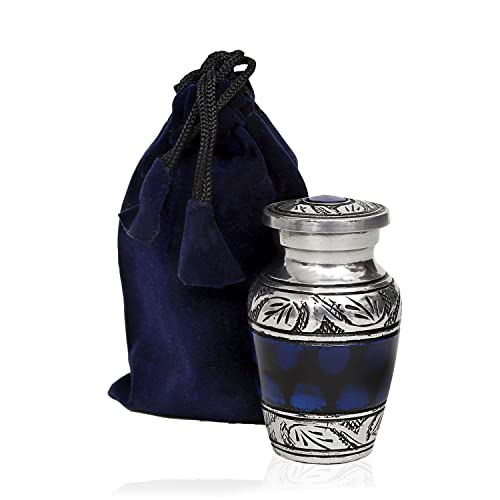 HLC Blue Hand Engraved Small Keepsake urn - Cremation Urn with 1 Velvet Box Bag, 3 cu.in Aluminium, Lovely Blue Pattern, Polished Finish, Decorative Urn