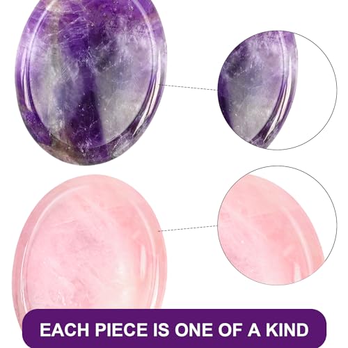 WHAL&YUNE Rose Quartz Amethyst Thumb Worry Stone for Anxiety, Healing Crystals Natural Oval Gemstone Meditation Reiki Balancing Accessories Gift for Stressed People- 1.8 inches