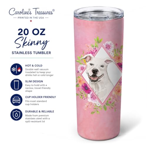 Caroline's Treasures CK4268TBL20 White Pit Bull Terrier Pink Flowers Stainless Steel 20 oz Skinny Tumbler Vacuum Double Walled Reusable Insulated Tumbler Travel Cup for Coffee Cocktails Gift with Lid,